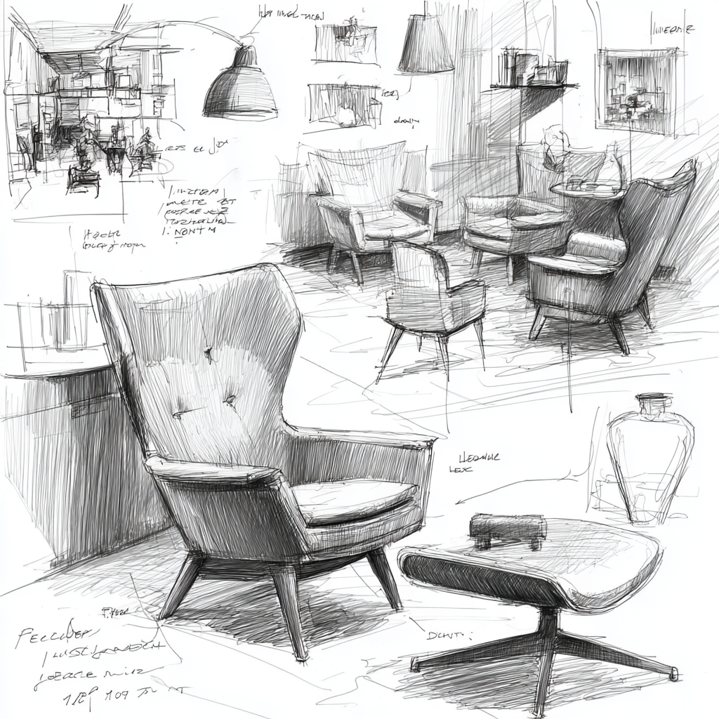 Design sketches for Hearth.Casa furniture showing mid-century modern chairs and tables