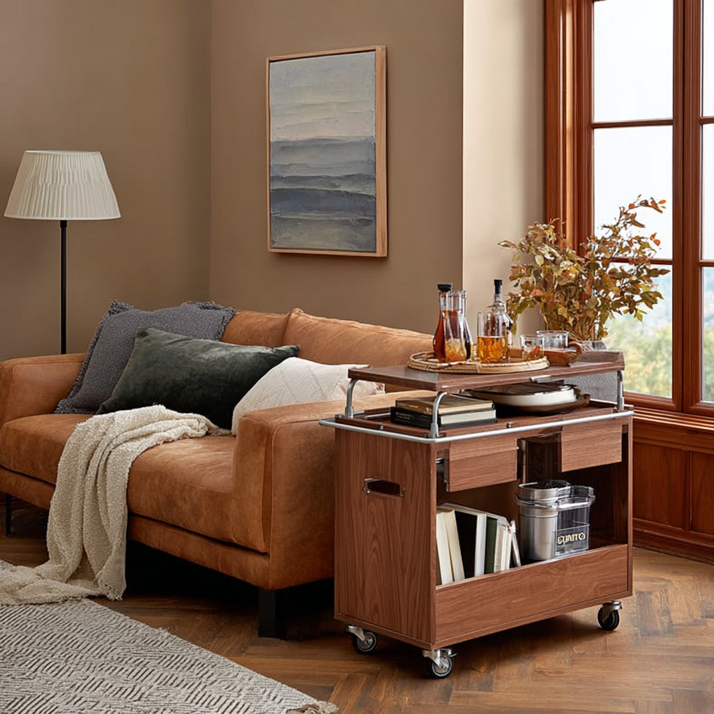 Warm living space showcasing Hearth.Casa walnut furniture in a cozy home setting